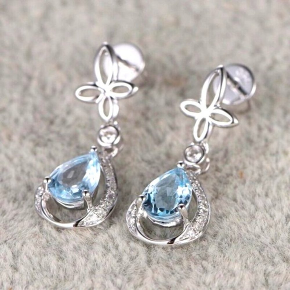 Gorgeous 925 Silver Sim. Diamond Aquamarine Drop Earrings